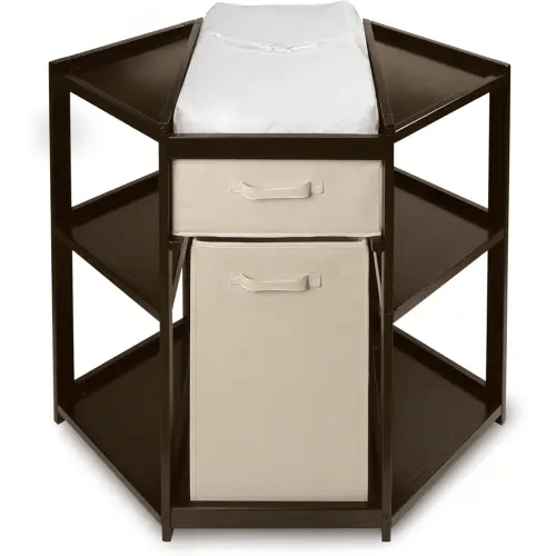 Badger Basket Corner Baby Changing Table - Space-Saving Diaper Changing Station for Nursery with Storage Bin, Changing Pad and Safety Belt - Organizer for Newborn and Infant Essentials - Espresso