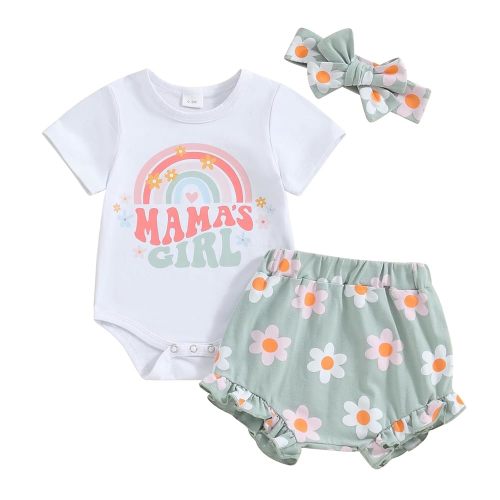 Baby Girls Summer Short Clothes Mama's Little Bestie Letter Print Bodysuit Daisy Bloomer Shorts Headband 3Pcs Outfit