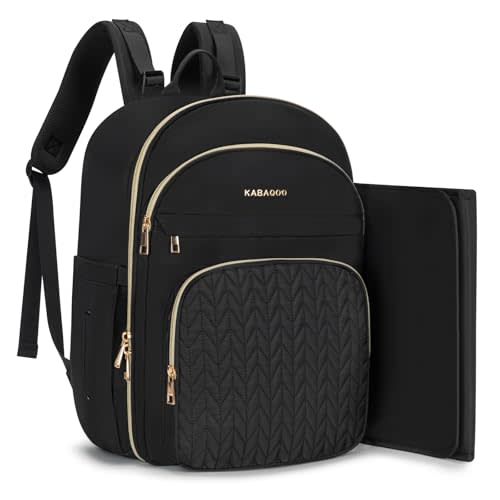 KABAQOO Baby Diaper Bag Backpack, Waterproof Diaper Backpack for Mom & Dad with Changing Pad, Insulated Pockets and Stroller Straps, Baby Shower Gifts for Girls & Boys, Black