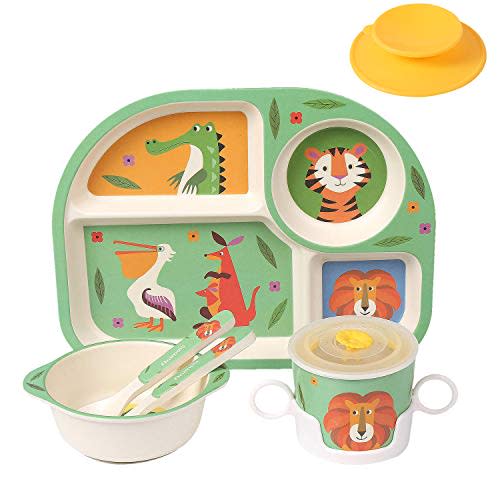 Bamboo Toddler Baby Plates and Bowls Set, 7Pcs Kids Plate Dinnerware Set | Toddler Dinnerware Plate Set,Kids Baby Dishes Feeding Set Include Divided Plate, Bowl,Tumbler, Suction and Utensils,Non-toxic