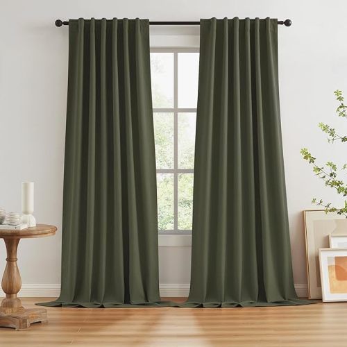 KEQIAOSUOCAI Dark Olive Green Blackout Curtains 102 Inches Long 2 Panels Set- Faux Linen Textured Black Out Thermal Insulated Noise Reduction Winodw Draper for Bedroom and Living Room 50x102-in