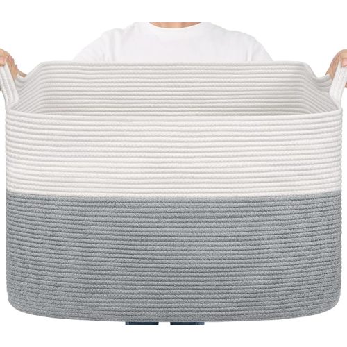 Goodpick 105L Extra Large Woven Blanket Basket Cotton Rope Storage Baskets for Organizing, Rectangle Baby Laundry Basket for Living Room Home Decor, 25"x16"x16", White & Gray