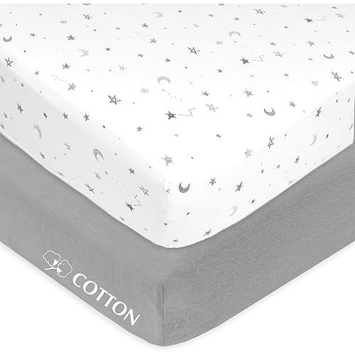 American Baby Company 2 Pack 100% Natural Cotton Fitted Crib Sheets 52" x 28" - Soft, Breathable, Hypoallergenic & Gentle Toddler Bed Sheets, Gray Stars and Gray, Neutral for Boys & Girls