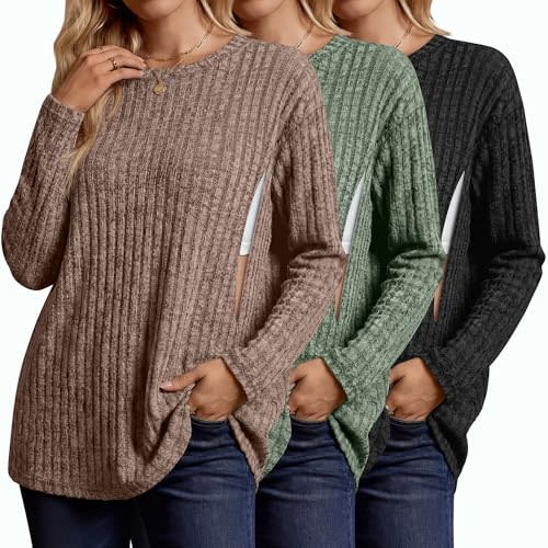 3 Pack Women's Long Sleeve Nursing Shirts | Breastfeeding Tops, Zipper, Ribbed Maternity Tops, Oversized Sweater, Lightweight, Hospital, Convenient Nursing Design