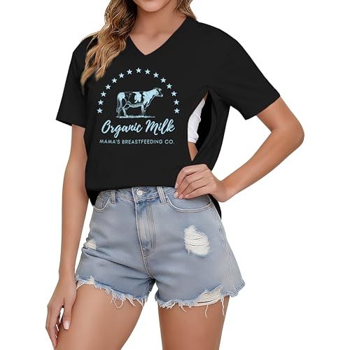 LUKYCILD Nursing Shirts for Breastfeeding Women Zipper Nursing Maternity Graphic Tee Mama Breast Feeding V Neck Tops