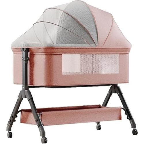3 in 1 Portable Baby Bassinet Adjustable Height Bedside Sleeper Stable Baby Crib, with Washable Mattress, Changing Table, Storage Bag, 4 Lockable Wheels, Mosquito Net, for 0-12 M (Pink)