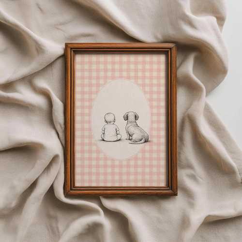 Baby and Dog Nursery Art, Neutral Gingham Dachshund Poster