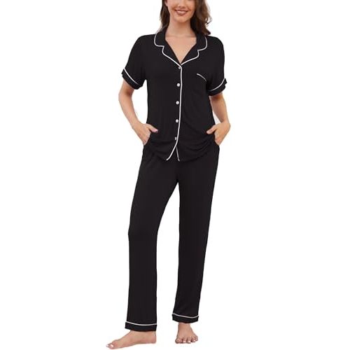 Womens Pajama Set Soft Pjs Short Sleeve Sleepwear with Long Pants 2 Piece Lounge Sets S-XXL