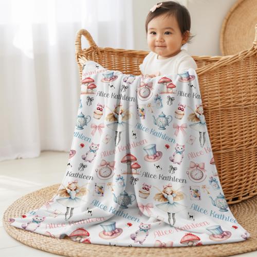 CUSTOM ALICE IN Wonderland Baby Blanket, Baby Girl Personalized Blanket, Gift for Girl Alice Tea Party Nursery, Toddler Girl Alice Blanket
