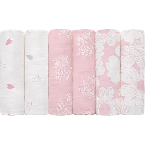 GLLQUEN BABY Receiving Blanket Boy Cotton Muslin Swaddle Blankets Girl Newborn Squares Breathable & Soft Thin Baby Blankets Cloths Double Absorbent Infant Swaddling Wrap - 6 Pack (Rosebud)