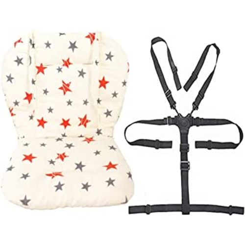 Twoworld Baby High Chair Seat Cushion Liner Mat Pad Cover and High Chair Straps (5 Point Harness) 1 Suit (Stars)