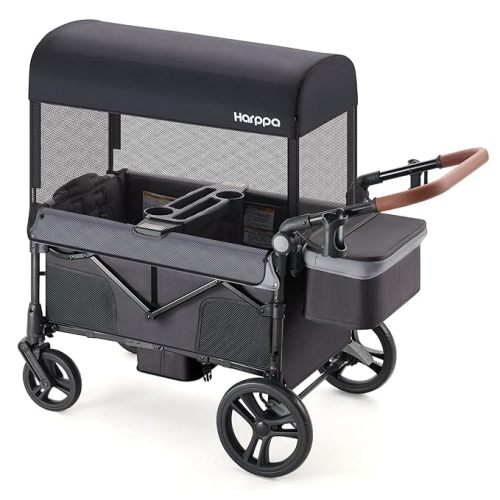 HARPPA Foldable Wagon for Kids, 2 Seater Stroller Wagon with Seats, One-Button Fold, UPF50+ Canopy & Mosquito Net, All-Terrain Wheels, Adjustable Handle, Easy to Store Dark Gery