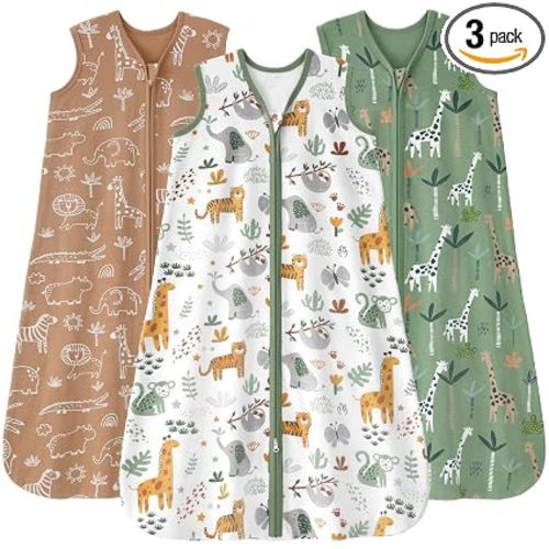 Baby Sleep Sack 0-6 months, 100% Cotton Sleeping Sack for Newborn and Infant, 3 Pack Baby Wearable Blanket for Boy and Girl, 0.5 Tog Lightweight Double Zipper Sleep Bag Green Brown Giraffe
