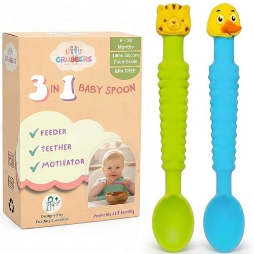 3-in-1 Silicone Baby Spoon Self Feeding 6+ Months - Pediatric OT Designed Teether Spoon, BPA Free Toddler Utensils, Mess-Free, Fun for Baby Led Weaning Supplies, Duck & Tiger