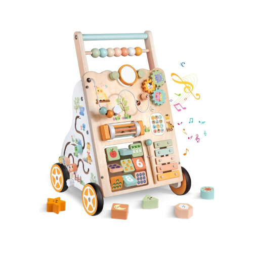 Wooden Baby Walker with Wheels, Push Walker with Baby Activity Center, Montessori Walking Toy for Girls Boys, Adjustable Speed & Height Activity Toy for Toddler Learning to Walk 12+ Months (Natural)