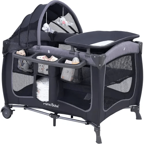 Pamo Babe Baby Playard with Canopy, Portable Crib with Changing Table