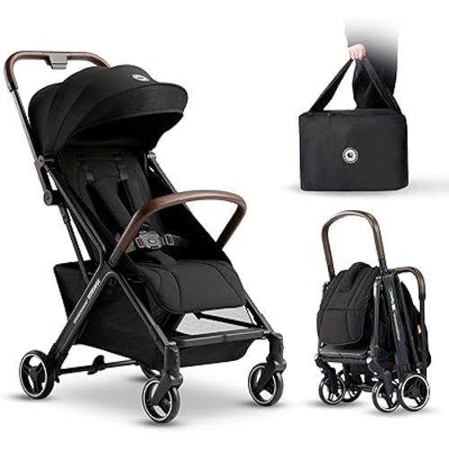 Lightweight Travel Stroller, One-Hand Fold Airplane Carry-On, Compact Baby & Toddler Stroller with Cup & Phone Holder, 6.6 lbs Capacity Basket, Adjustable Reclining Backrest, Black