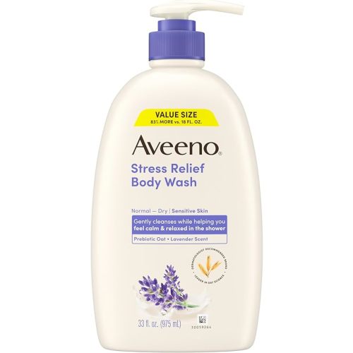 Aveeno Stress Relief Body Wash for Women, Calming Lavender Scent & Prebiotic Oat, Cleanser for Sensitive Dry Skin, Paraben, Dye & Soap-Free, 33 Fl Oz