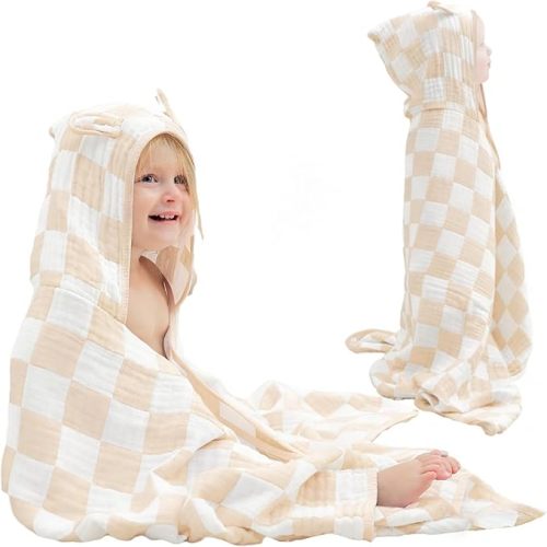 Ultra-Soft Muslin Toddler Hooded Towel - 55 x 28 Inches, Ideal for Bath & Beach, Suitable for Both Boys & Girls from Newborns to Toddlers (Beige Checkered)