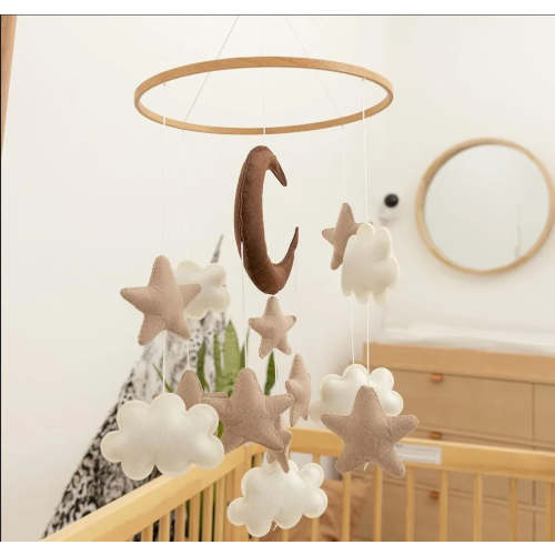 Cozybaby Boho Handmade Brown Moon, Cloud, and Stars Nursery Mobile