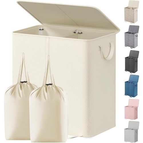 Lifewit Double Laundry Hamper with Lid and Removable Laundry Bags, Large Collapsible 2 Dividers Dirty Clothes Basket with Handles for Bedroom Laundry Room Closet Bathroom College, 136L Ivory White