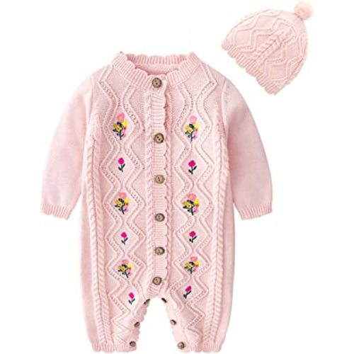 JunNeng Baby Newborn Cotton Knitted Sweater Romper Longsleeve Outfit with Warm Hat Set