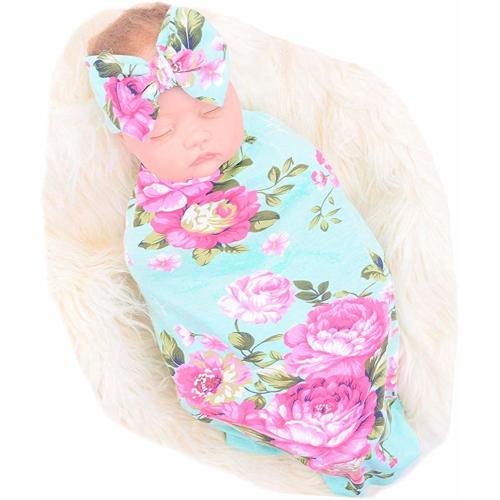 Newborn Receiving Blanket Headband Set Flower Print Baby Swaddle Receiving Blankets