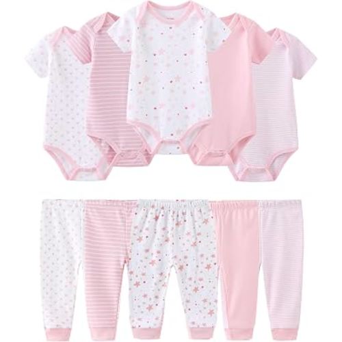 ZAVBABY Baby Bodysuit and Pant Set Cotton Ribbed Mix Infant Girl Clothes | Unisex newborn summer outfits 10-pcs,neutral and sweet style mixed bundle gift clothing set
