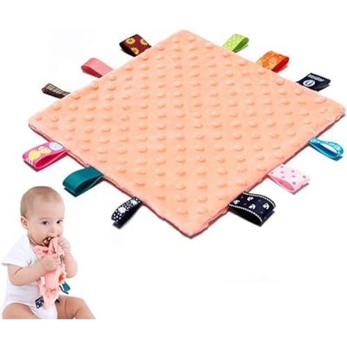 Baby Tags Security Blankets - Baby Soothing Plush Blanket with Colorful Tags, 10"x10" Square Sensory Toys, Lovey for Babies Boys and Girls (Orange)