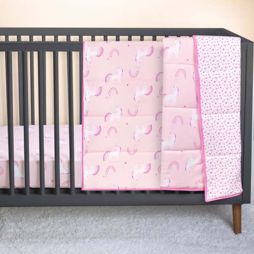Little Star 100% Organic Cotton 3 Piece Unicorn Dreams 3 Piece Crib Bedding Set - Reversible Comforter and 2 Fitted Sheets