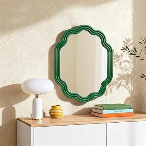 Green Wavy Oval Mirror 16x20 Scalloped Wall Mounted Unique Wooden Frame Modern Mirror for Bedroom Living Room Entryway Hallway