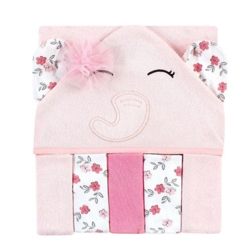 Hudson Baby Infant Girl Hooded Towel and Five Washcloths, Floral Pretty Elephant, One Size