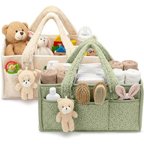2 Pack Diaper Caddy Organizer Baby Caddy Organizer with Handle Nursery Storage Bin and Car Storage Basket for Diapers, Wipes, Newborn Necessities Baby Shower Gifts(Lily Green and Ivory)