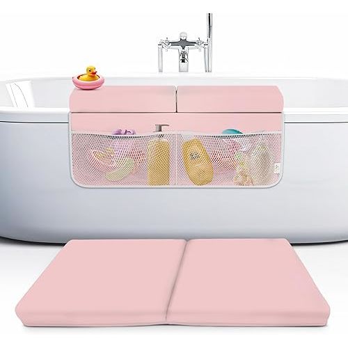 Memory Foam Bath Kneeler and Elbow Rest Pad Set, 2-Inch Thick, Water-Resistant Mat – Baby Bath Time Essentials Cushion and Bath Kneeling Pad for Bathing Baby with Bathtub Toy Organizer (Pink)