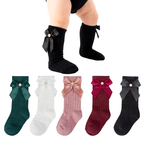 Baby Knee High Socks 6 Pairs Toddler Infant Newborn Non Slip Cotton Bow Ruffle Dress Socks for Baby Girls 0-3T