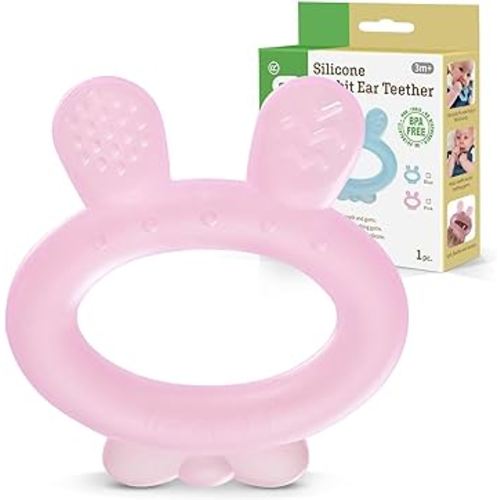 Haakaa Silicone Baby Teether - Rabbit Ear Frozen Teething Toy for Babies 3-6 Months- Cold Teething Relief - BPA Free Silicone-Pink
