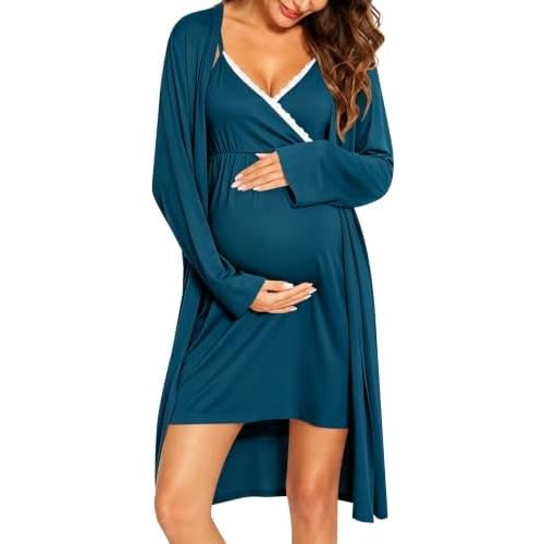 SWOMOG Womens Maternity Robe 2 Piece Nursing Nightgown for Breastfeeding 3 in 1 Labor Delivery Nursing Dress Lace Bathrobe