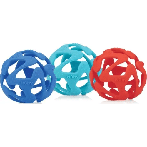 Nuby 100% Silicone Tuggy Teether Ball, 6 Months +, Colors May Vary 1 Count (Pack of 1)