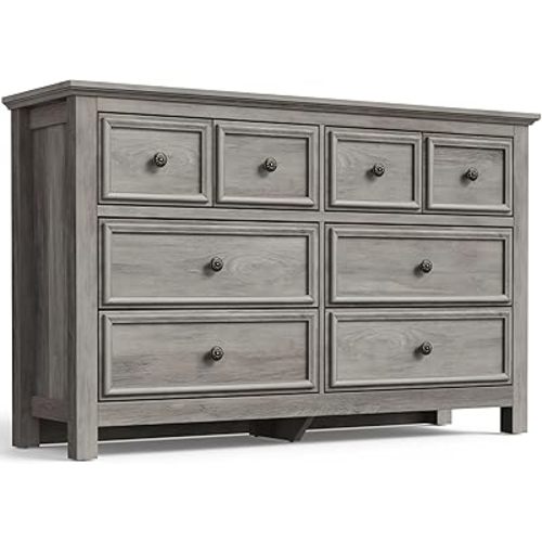 LGHM Long Dressers for Bedroom, 8 Drawers Dresser with Large Capacity, Chests of Drawers TV Stand,Stable Thick Wood Legs, Great Depth Drawers for Bedroom, Classic Look, Gray