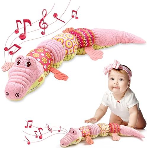 Baby Toys 0 to 12 Months, Musical Stuffed Animal Activity Soft Toys with Multi-Sensory Crinkle, Rattle and Textures,Infant Tummy Time Toys for Newborn Boys Girls, Crocodile, Pink