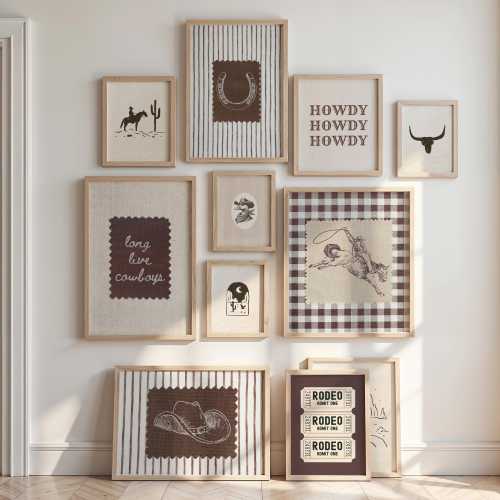 Western Prints, Boys Room Wall Art, Vintage Cowboy Print Set of 11, Neutral Gallery Wall Set, Gingham Stripe Nursery Decor, Retro Rodeo Art