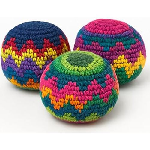 Funny Guy Mugs Multicolored Crochet Assorted Geometric Pattern Hacky Ball, Foot Bag Kick Sack, Indoor and Outdoor Toys for Kids and Adults, Set of 3