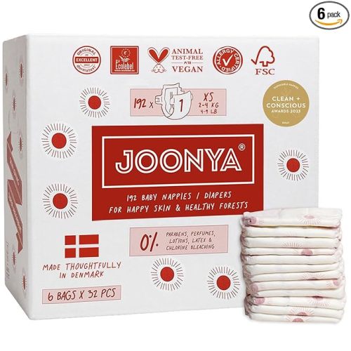 Joonya Baby Diapers, Size 1 XS (4-9 lb) - 6 Bags of 32 (192) - Non Toxic, Eco-Friendly, High Absorbency, Overnight Use, Ultra Slim & Soft - Made in Denmark