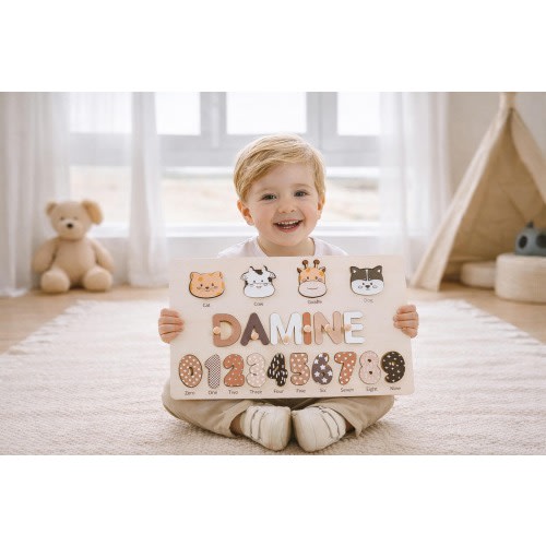 Personalized Wooden Name Puzzle with Animals and Numbers, Toddler Learning Toy
