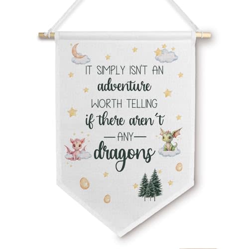 BlissfulAbon Dragon Nursery Decor - Baby Boy Nursery Canvas Banner, Kids Room Decor Hanging Pennant Flag, Dragons Poster, 11 X 15 Inch