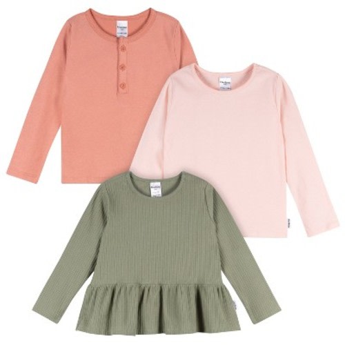 Gerber Baby Girls' 3-Pack Long Sleeve Shirts, Green/Pink/Coral, 12 Months