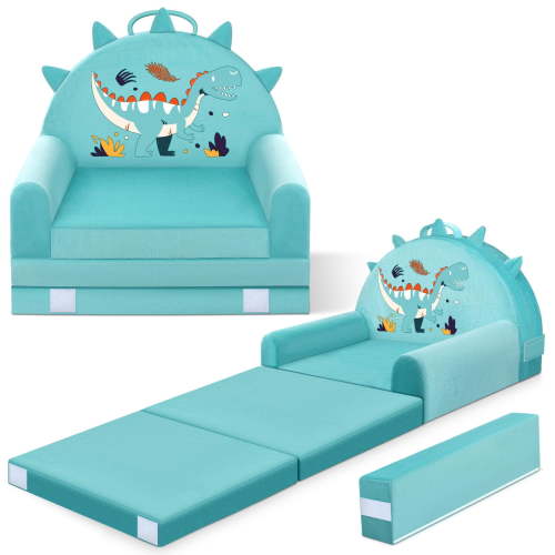 Dinosaur Kids Sofa Bed with Removable Washable Cover & Magic-Tape Backrest – 2-in-1 Toddler Bed Chair, Toddler Couches That Fold Out Furniture for Playtime Trave (Green)