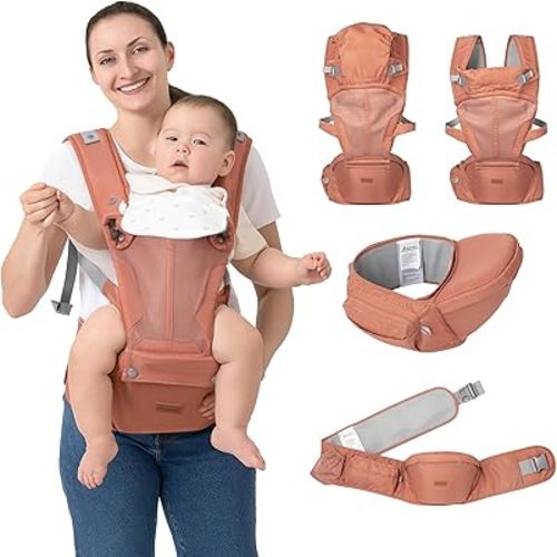 BabbleRoo Grow Carrier – Safety-Certified 6-in-1 Baby Carrier with Hip Seat, Ergonomic & Adjustable Toddler Carrier 7-50 lbs with Hip Support, Hood for Sun Protection, Newborn to Toddler,Kangaroo Rose