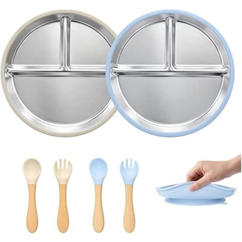 6-Piece Stainless Steel Divided Plates with Suction – Durable Toddler Dinnerware Set with Forks & Spoons – Mess-Free & Dishwasher Friendly
