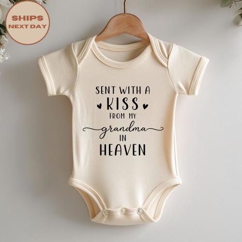 Custom Sent With A Kiss From My Grandma In Heaven Baby Onesie®, Baby Reveal Bodysuit, Personalized Baby Gift